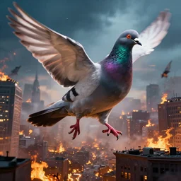 gigantic pigeon roaming the city, there is panic, buildings are on fire, digital art, cinematic view, dramatic