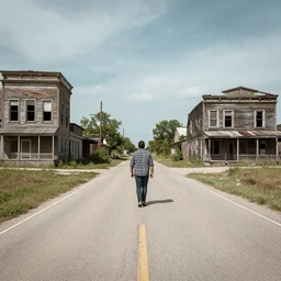 walking in the middle of a road in a depression era midwest town that was abandoned w 7 6 4