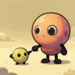 asteroid with eyes and legs giving its hand to a little asteroid, his brother, cute, kawaii, pocoyo style