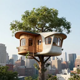 a high resolution rendering of a mid century modern treehouse floating above new york city designed by frank gehry