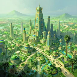 Prosperous verdant high tech city in ancient Egypt, masterpiece digital painting by Greg Rutkowski, Alex Grey, artstation, 4k wallpaper