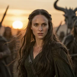 epic photo of natalie portman as beautiful white wizard in lord of the rings with long straight black hair blowing in the wind in a battle scene fighting the balrog, sweaty, detailed eyes, neutral expression, shallow depth of field, photorealistic, cinematic lighting, lovely bokeh, warm colours, sunset south, strong rim light, movie quality, lord of the rings 1 9 8 5, movie still