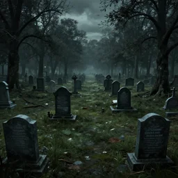 Eerie cemetery landscape littered with tombstones, cinematic, rendered by zdzisław beksiński, simon stålenhag, rendered by Beeple, Makoto Shinkai, syd meade, environment concept, digital art, unreal engine, 3 point perspective, WLOP, trending on artstation, low level, 4K UHD image, octane render,
