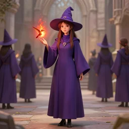 beautiful woman in prudish purple wizards apprentice robes with pointy hat at a crowded magical university, a flaming magical red flame hummingbird pet, full body shot unreal engine hyperreallistic render 8k character masterpiece digital art, cell shader shading, raytracing, comic art, manga, trending on Artstation, CGSociety