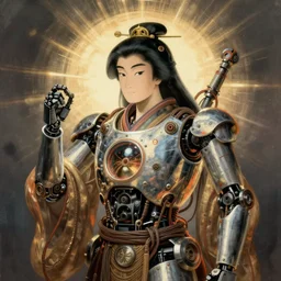 Kuniyoshi portrait of a robot saint made of cables and robotic pod by peter mohrbacher