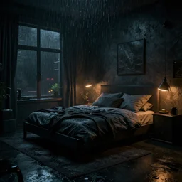 cyberpunk bedroom at night, rainy atmosphere, dramatic, cinematic, artstation, realistic photograph, ambient, dark shades of colors, unreal engine 5, rendered by octane.