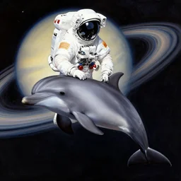 a dolphin in an astronaut suit on saturn, high - contrast painting