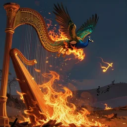 in the lower part of the picture is the harp burning in the fire, above are peacock flying in flames, in the distance there are a few flying music symbol, digital painting, concept art
