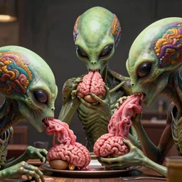aliens brainsuckers eating brains in restaurant, perfect face, fine details, colorful patterns, studio lighting, subtle shadows, art by tim okamura and katsuya terada, photorealism, hyper realism, octane render, hyper detailed, canon eos r 3, f / 1. 4, iso 2 0 0, 1 / 1 6 0 s, medium shot, 8 k, raw, unedited, in - frame,