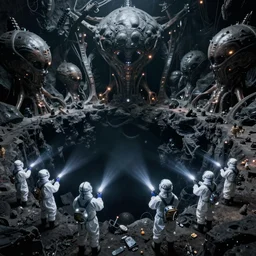 People in hazmat suits holding flashlights encountering massive alien structures in the dark depths of a pit