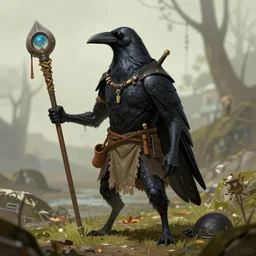 sentient sapient crow wearing clothes wielding tools civilized tribal, speculative evolution epic fantasy illustration