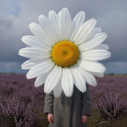 a portrait, enormous daisy flower head, a girl wearing coat in heather field, surreal photography, wind and cold, dramatic sky, impressionist painting, digital painting, artstation, simon stalenhag