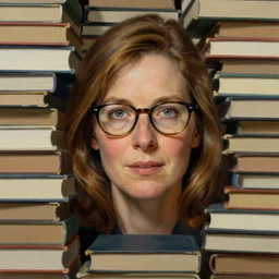 a woman with light brown hair and glasses in front of high piles of books. beautiful painting by norman rockwell and raymond swanland, beautiful detailed face.