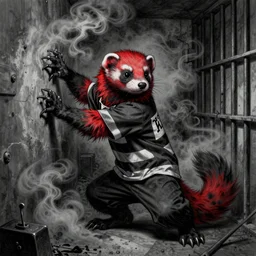 scary stories to tell in the dark illustration of an anthropomorphic red - black furry weasel / ferret / stoat / ermine fursona ( from the furry fandom ) in prisoner's regalia, in a prison cell, scratching desperately at the walls with his claws as a smoky cloud horror diffuses from his body ; pen detailing by stephen gammell
