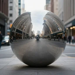 huge metal reflective perfect ball in the middle of the street