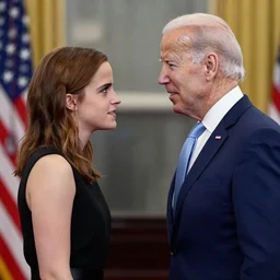 emma watson face to face with president joe biden, nikon 3 5 mm, photograph