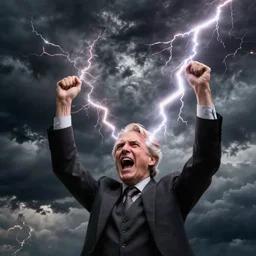 photograph of geert wilders shouting, raising both hands, emitting lightning bolts, dramatic lighting, dark clouds, sinister