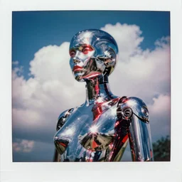 analog polaroid photograph of a chrome woman robot, sheen, red reflections, unreal engine, azure sky, big clouds visible, sunlight, reflection, sparkles, lensflare, film grain, depth of field, color bleed