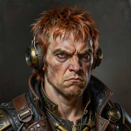 portrait painting of a scowling dieselpunk rupert grint as ron y, sharp focus, award - winning, trending on artstation, masterpiece, highly detailed, intricate. art by josan gonzales and moebius and deathburger