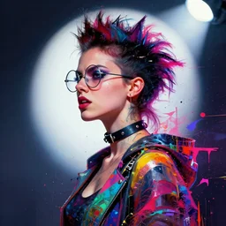 a punk girl wearing circular glasses, wearing a choker, side portrait, defiant, passionate, spotlight, paint drips, glitching paint splatter, vibrant colors, dramatic, brush strokes, collage, futuristic clothing, digital painting, by marco paludet, by jeremy mann, by hannah hoch