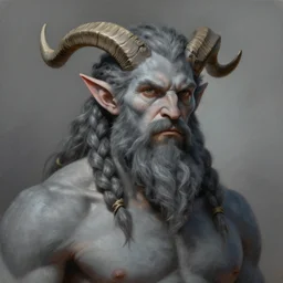 painting of goliath, braided hair and beard. Grey skin. Elf ears, horns Portrait. Handsome. Craig mullins. ArtStation, CGSociety, Unreal Engine