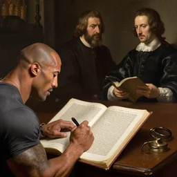 Dwayne Johnson writing the vulgate, painted by Rembrandt and Sargent