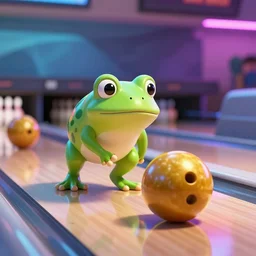 ground level wide angle shot of a cute frog bowling with a golden metal ball on a reflecting glass surface, concept art, by esao andrews, by m. w. kaluta, by pixar, volumetric light, rich colors, very humorous!!!, realistic reflections, smooth, depth perception, shallow depth of field, 4 k, unreal engine 5, artstation