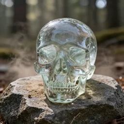 Skull made of glass on a stone in a forest, dusty lighting