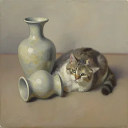 a cat and a fallen vase, oil on canvas,