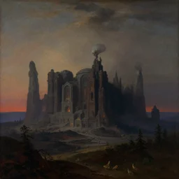 artwork of the cinematic view of the alien twilight acropolis, by frederic edwin church