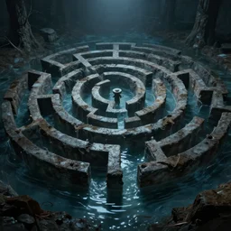 labyrinth half filled with water, dynamic, scary, detailed, cinematic, dramatic lighting, by howard finster