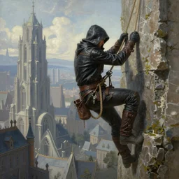landscape painting of a hooded thief in leathers using a rope to climb a tall building inside a fantasy city, fine details, magali villeneuve, artgerm, rutkowski