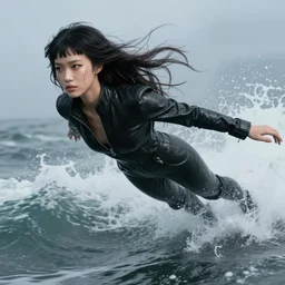 latent space, rolling crashing waves, youthful asian blade runner demure, 3 5 mm, realistic exquisite features, feminine cut, pris mascara, tentacles, frontiers in flight leather suit, smoke, grain, misty, stephane sednaoui, id magazine photoshoot