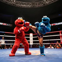 scared elmo and cookie monster muay thai boxing match, high kick, lumpinee boxing stadium, film still from the movie, wide lens