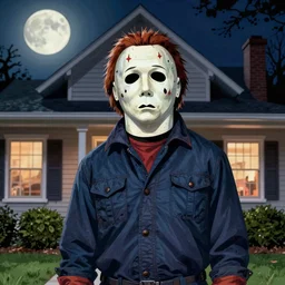 michael myers in outside the myers house, halloween night, finely illustrated pale mask, moon light, shrubs, highly detailed, colored pencil, gainax, tankobon, in the style of ilya kuvshinov and yoshiyuki sadamoto and william - adolphe bouguereau and alphonse mucha