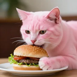 pink cat eating a burger, realistic photo