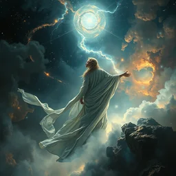 in flowing liquid silver robes she watches as the universe is born, full body, supersaturated nebulas, misty, ultra dramatic lighting, bright radial arcs of light, radiant stars, intricate, hyper detailed, masterpiece, beautiful painting by caravaggio, ruan jia, artgerm, alphonse mucha, frank frazetta