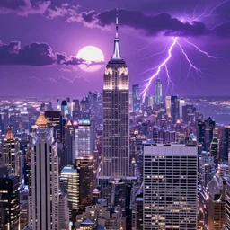 a futuristic photo - realistic new york city in shiny crystalline, octane render, clouds : 5, violet sun : 2, purple lightening : 6, in the style of sahm : 2 8 hd, ultra - realistic, hyper - realistic, digital art,