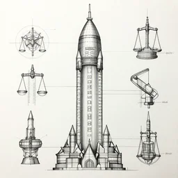 schematics of justice league  space tower,engineering design,ink painting