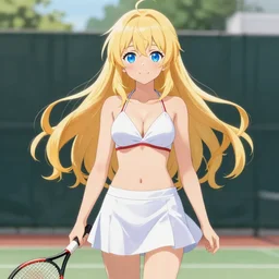 a very beautiful young anime tennis girl, full body, long wavy blond hair, sky blue eyes, full round face, short smile, bikini, miniskirt, highly detailed, photograph
