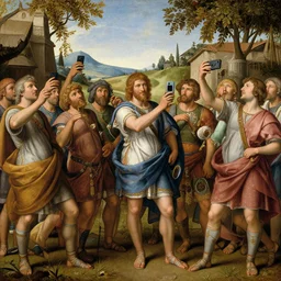 Renaissance painting of the year 100 BC with people in a roman village all using smartphones to take selfies, photos, texting, nobody looking at eachother they are all staring at their smartphones, highly detailed, hyperrealism, award winning, vibrant colors