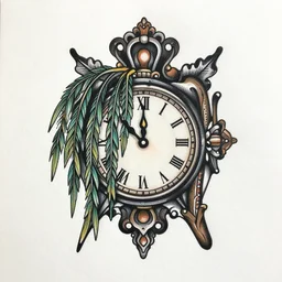 traditional american tattoo art of a weeping willow inside inside an elaborate clock made of black liquid, tattoos permeating outward, fine detail, sheet paper, white background