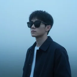 dude in misty environment with shades of blue,