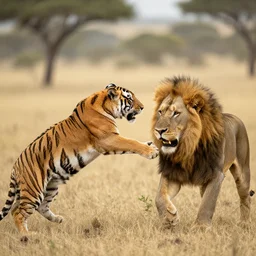 a tiger and a man fighting, a lion approaches