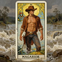 a dramatic, epic, ethereal tarot painting of a handsome!! brown shirtless cowboy! | background is a torrential flooding river | tarot card, art deco, art nouveau | by Mark Maggiori | trending on artstation