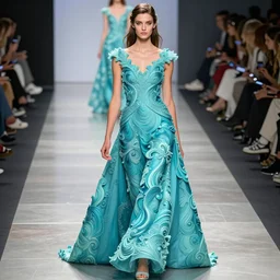 full shot of beautiful model on runway wearing an aqua blue dress, sea form, costume design, artstation, octane render, unreal engine, illustration, cinematic, product - view, technicolor, cinecolor, 3 - dimensional, insanely detailed and intricate, hypermaximalist, elegant, ornate, hyper realistic, super detailed, render by maya, design by issey miyake and