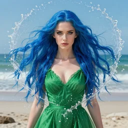 style artgerm, joshua middleton, beautiful kristen bell with green dress, very long blue hair, water powers water swirling, symmetrical face, symmetrical eyes, detailed, beach setting, cinematic lighting