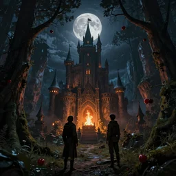created by jan urschel and sylvain sarrailh, it is a moonlit night, a mysterious fantasy forest canyon, a medieval fairy castle with bright fire, realistic matte painting, cherry, concept art, fantasy, trending on artstation