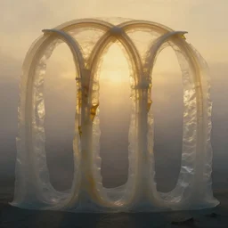 7 0 mm photograph of vellum and mesoglea - translucent layers ambiently occluding and striating, forming a detailed sculptural recreation of the arches from roger dean's paintings, emerging from the mist, dramatic lighting, golden hour, cinematic, 8 k