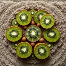 professional photo of rug texture with massive kiwi fruits ornaments, top view, symmetrical, beautiful, square, kiwi